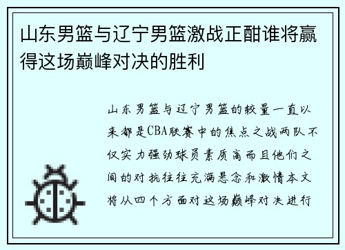 山东男篮与辽宁男篮激战正酣谁将赢得这场巅峰对决的胜利